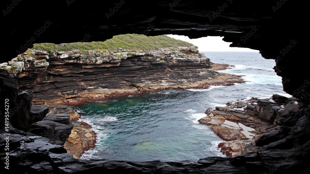 Fototapeta premium Coastal cavern overlooking a rugged sea inlet.