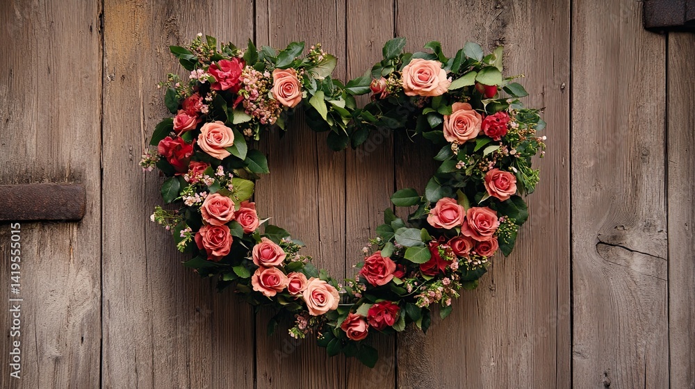 A heart-shaped wreath made of roses and greenery, hanging on a rustic wooden door. A heart-shaped wreath made of roses and greenery, hanging on a rustic wooden door.