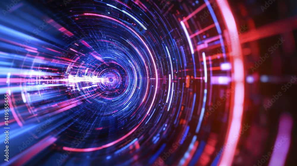 Obraz premium Futuristic digital tunnel with vibrant blue and red light streaks creating sense of motion and depth