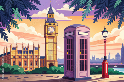 amazing Big ben and phone cabine in London at sunset time
