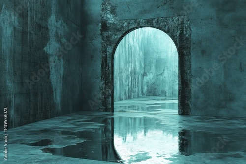 Abstract space features a turquoise archway surrounded by reflective water and textured walls