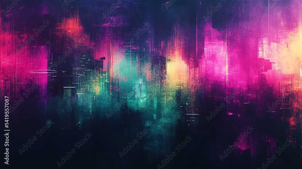 Abstract digital glitch art background with neon green, purple, and blue colors. Glitch effect on vintage video screen texture Abstract digital glitch art background with neon green, purple, and blue colors. Glitch effect on vintage video screen texture