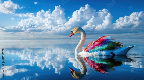 Fototapeta Naklejka Na Ścianę i Meble -  Rainbow swan swimming, serene lake, clouds, nature, calming scene, website banner