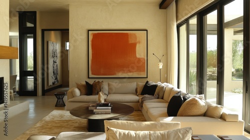 A stylish living room boasts an orange abstract painting above sofa