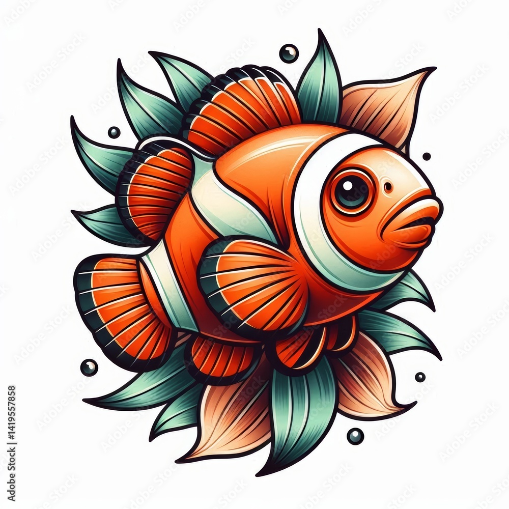 Obraz premium Whimsical clownfish artwork with floral elements in a cartoon tattoo style