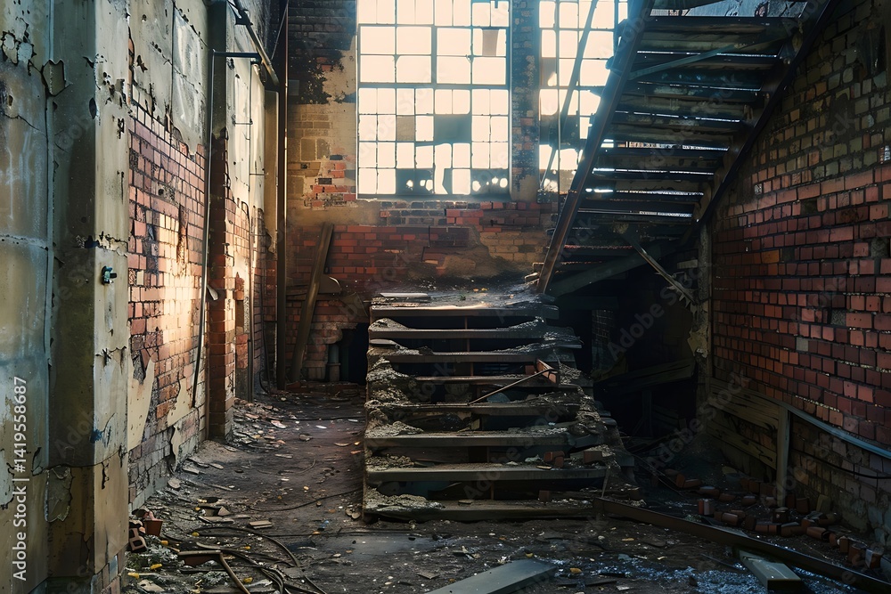 Fototapeta premium Dilapidated Interior Of An Old Brick Building With Staircase And Window