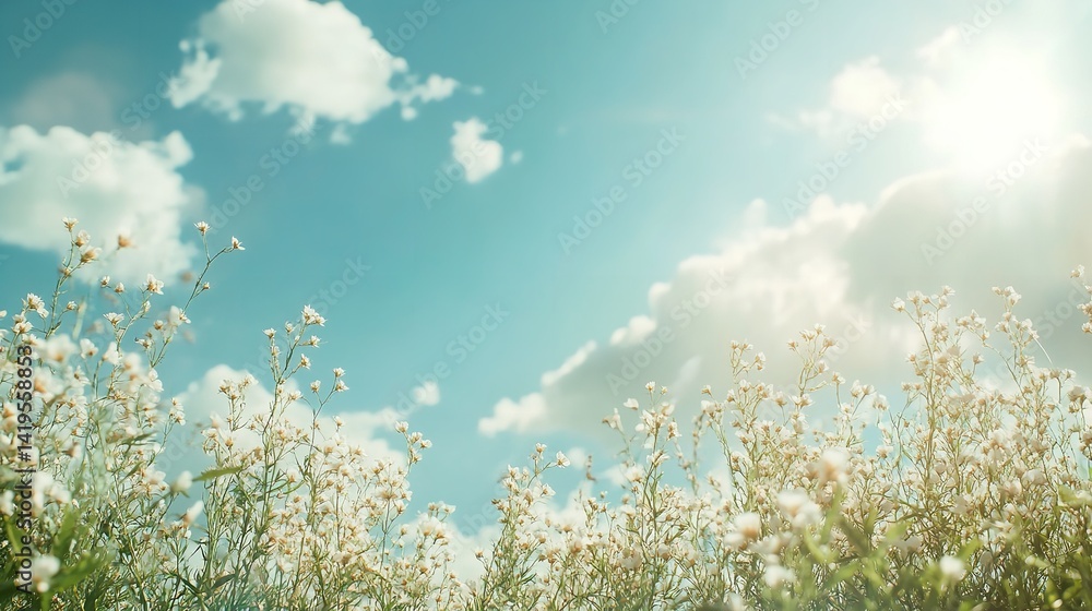Serene white flowers under a bright sunny sky soft natural light peaceful summer scene