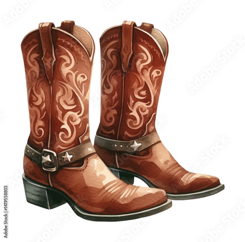 Elegant watercolor painting of two brown cowboy boots with ornate designs and silver buckles