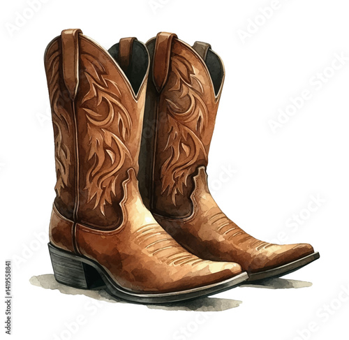 Elegant Watercolor Illustration of Brown Leather Cowboy Boots with Decorative Stitching and High Heels
