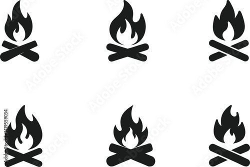 Campfire Silhouette Icons: Symbol of Outdoor Adventure and Warmth