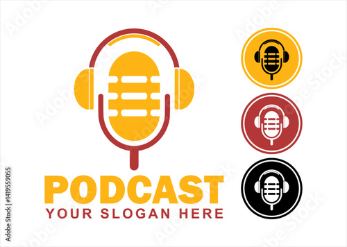 podcast radio online logo icon vector illustration design with microphone minimalist modern design for digital broadcast branding