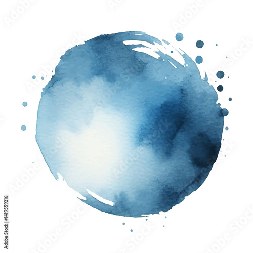 Blue Watercolor Circle with Splatters on Black Background, Abstract Round Shape