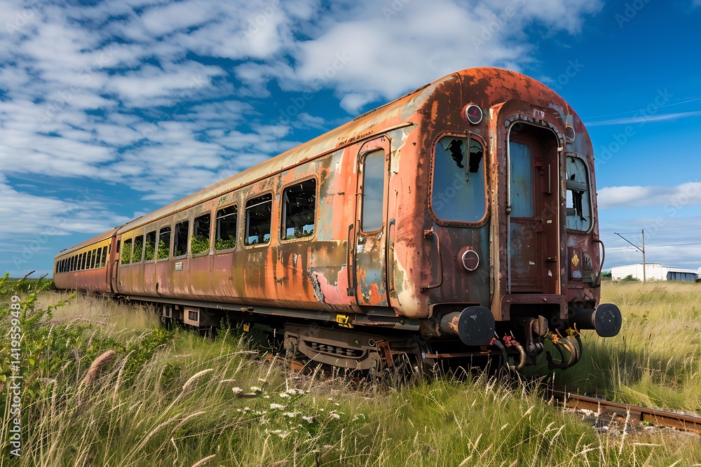 Fototapeta premium Dilapidated Rusty Train Car Exterior Resting On Tracks Under Blue Cloudy Sky