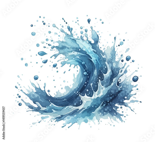 Blue water wave illustration with splash details on a black background in elegant watercolor