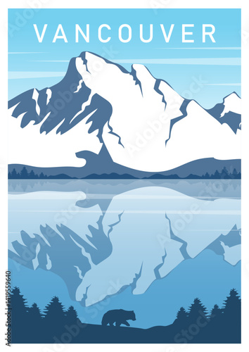 View on mountains Canada poster. Aesthetic minimalist Vancouver nature illustration. Springtime landscape