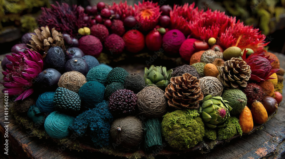 Fototapeta premium Colorful Wreath of Natural Elements and Textures in Vibrant Display