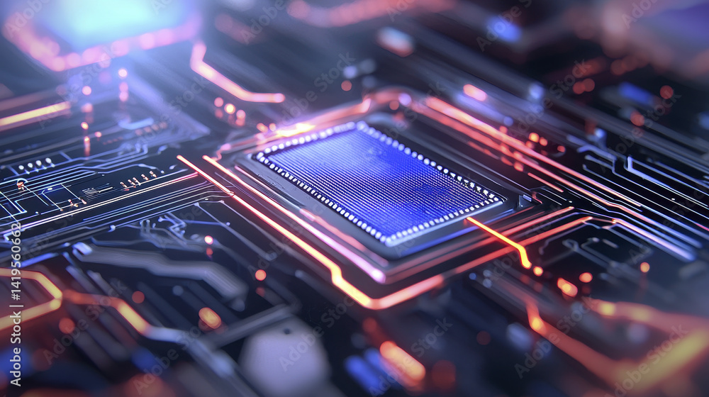 Obraz premium Futuristic digital circuit board design featuring central processing unit with glowing lines and intricate patterns