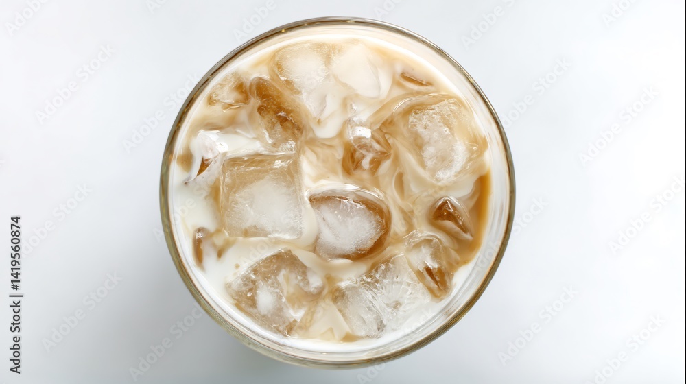 Classic Spain summer cold drink horchata de chufa glass with ice tigernut milk traditional Valencian beverage refreshing drink with minimal white background in top down view Classic Spain summer cold drink horchata de chufa glass with ice tigernut milk traditional Valencian beverage refreshing drink with minimal white background in top down view