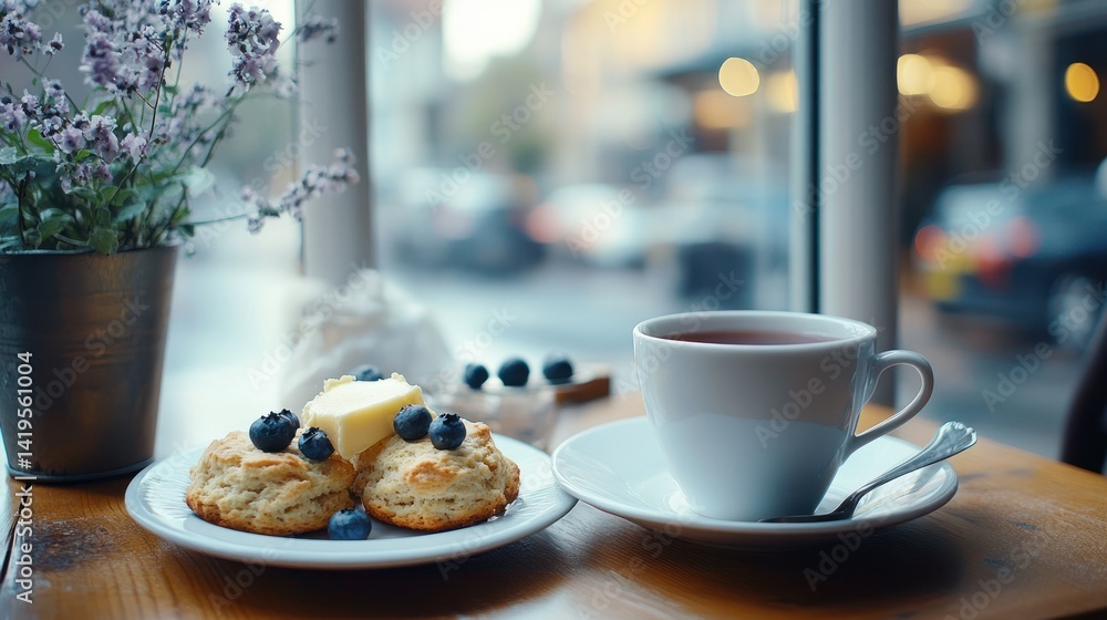 Blueberry scones with butter and tea served on a table by the window, warm and inviting cafe setting Blueberry scones with butter and tea served on a table by the window, warm and inviting cafe setting