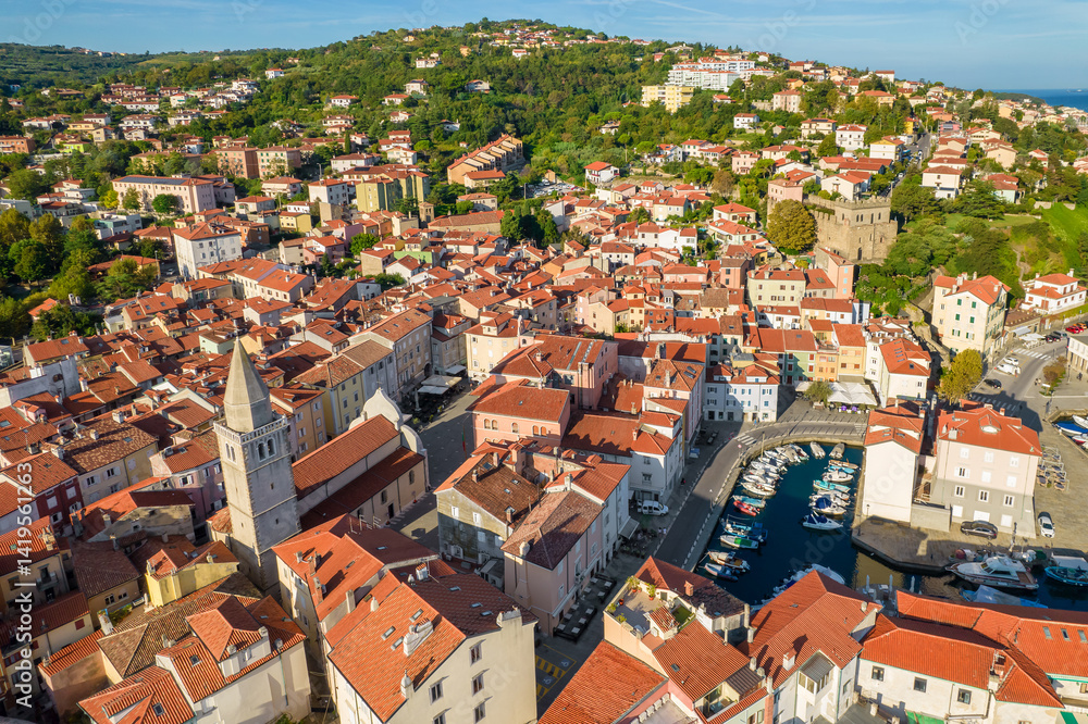 Aerial view of the Muggia old town, Trieste, Italy