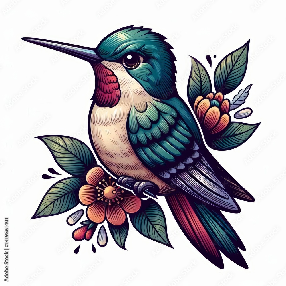 Obraz premium Elegant hummingbird perched among blooms against a white background