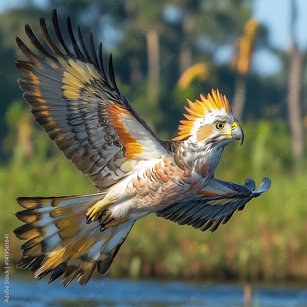 Obraz premium Golden Eagle in Flight with Spiked Crest Above Waterway