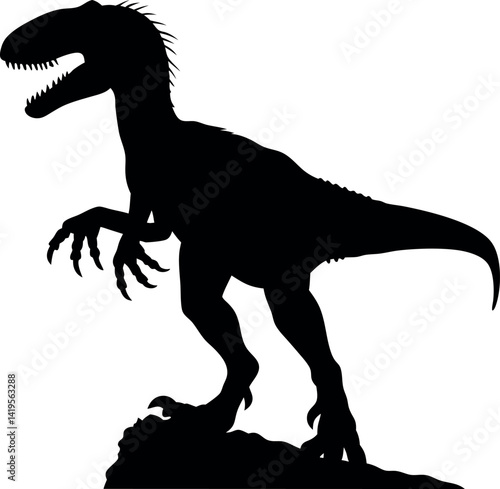 Allosaurus Silhouette Prehistoric Predator, Dinosaur Standing on Rock, Isolated Black Shape
