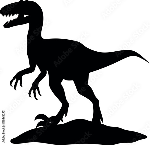 Allosaurus Silhouette Standing Tall with Sharp Teeth and Claws on a Small Hill