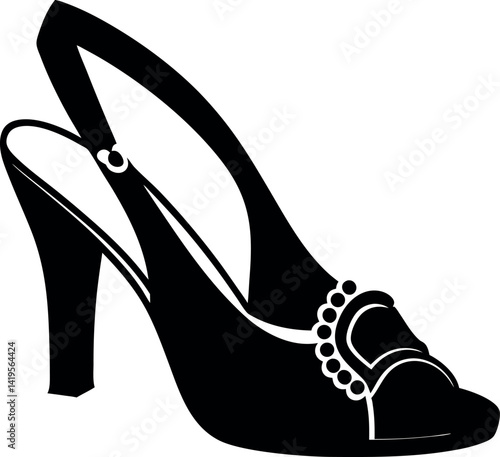 Elegant Black High Heel Sandal Silhouette with Pearl Detail and Slingback Design