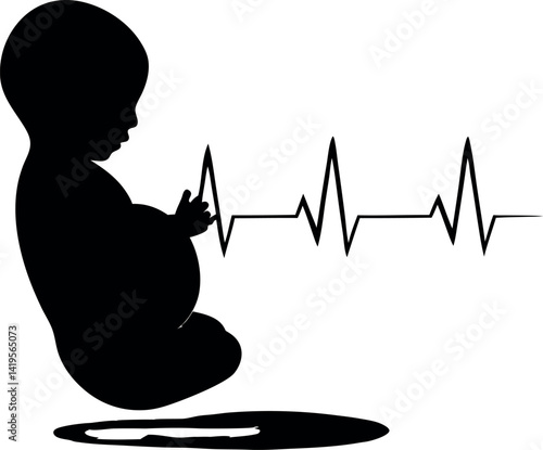 Minimalist Silhouette of Baby Sitting Beside a Heartbeat Trace on White Background