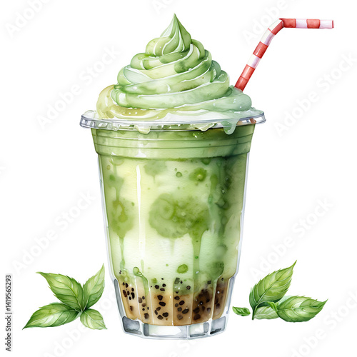 Watercolor illustration of iced matcha latte in a transparent cup with straw and green tea.