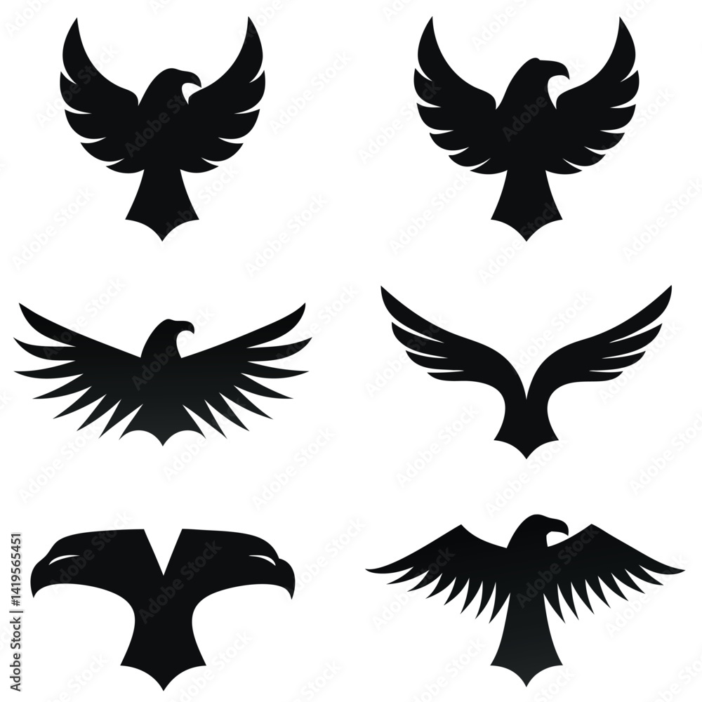 Minimalistic Black Eagle Silhouettes - Iconic Vector Design Collection. Minimalistic Black Eagle Silhouettes - Iconic Vector Design Collection.