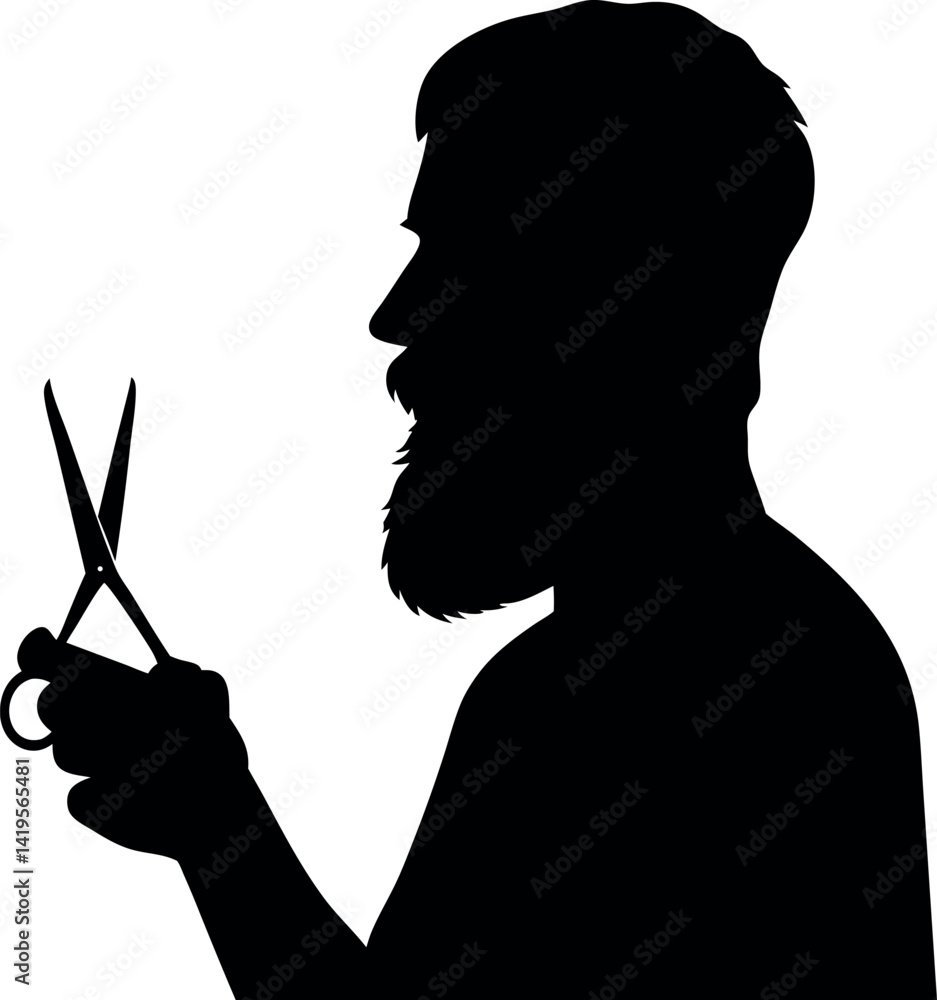 Silhouette Bearded Man Holding Scissors. Black and white profile of adult man