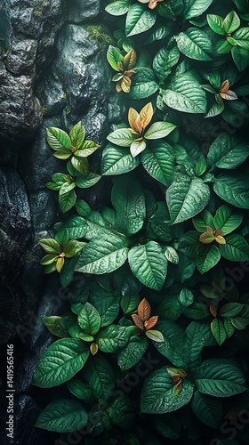 Vibrant Green Leaves Phone Wallpaper Orange Hints & Rocky Background with Soft Natural Light | Vertical HD Aesthetic Mobile Background

