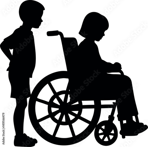 Silhouette of Boy Standing Next to Girl in Wheelchair Empathy, Support, Childhood