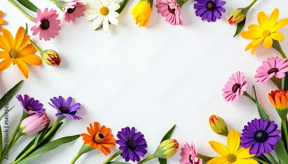 Fototapeta premium Colorful-Flower-Frame-White-Background-Spring-Summer