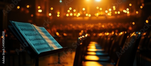 Concert hall, sheet music on stand, audience blurred