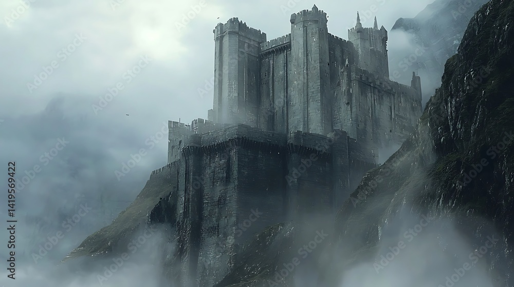 Fototapeta premium Majestic Castle on a Mountain Peak Surrounded by Mist and Dramatic Clouds at Dusk