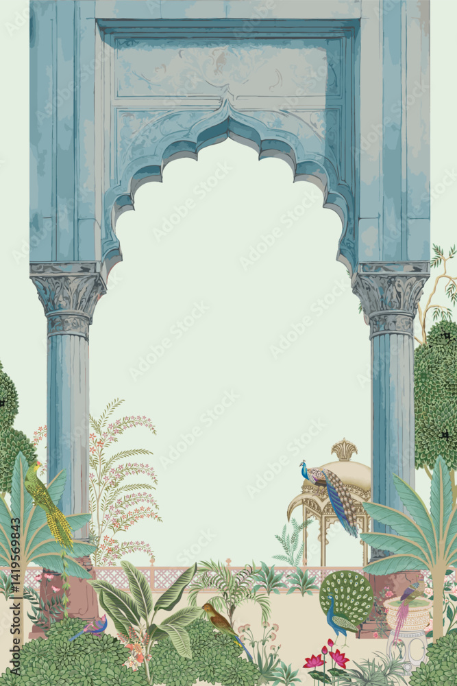 custom made wallpaper toronto digitalMughal garden with traditional motif, arch, peacock, flower, garden, forest pattern frame illustration for wedding invite