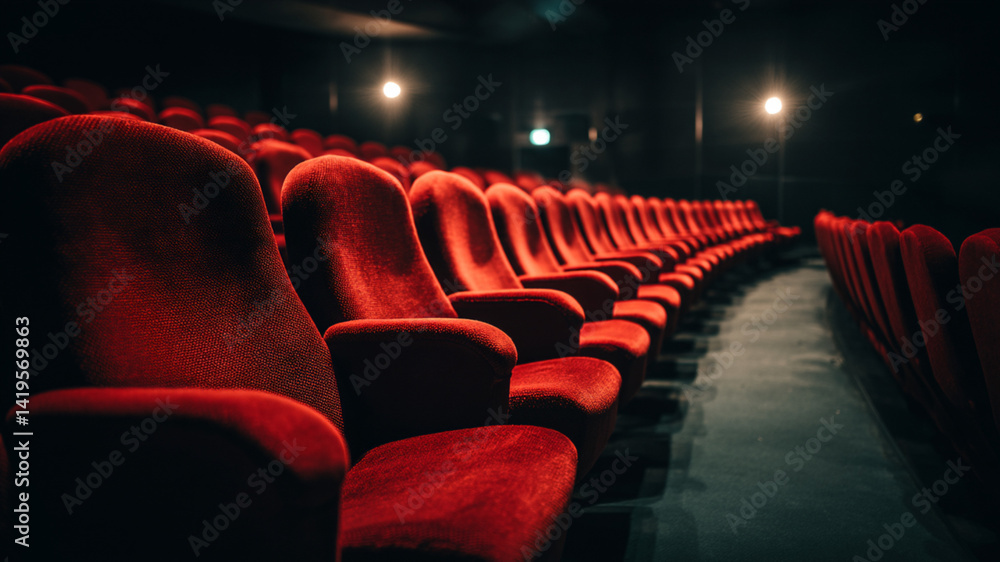 Front view of red empty theater seats with dim lighting, showcasing the luxurious, modern design and ambiance of the cinema