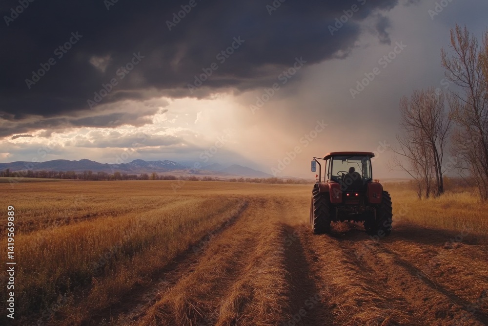 Fototapeta premium Plowing tractor making furrows in brown soil, cinematic contrast, overcast lighting