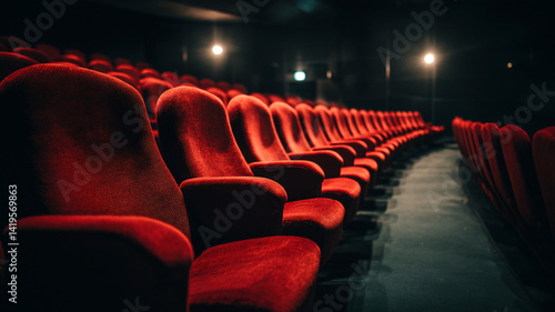 Obraz na płótnie Front view of red empty theater seats with dim lighting, showcasing the luxurious, modern design and ambiance of the cinema w salonie