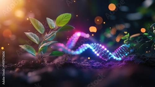 Scientific research on plant genetics, glowing DNA overlays, futuristic biotech lab