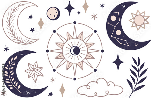 Mystical Moon and Stars Clipart Set for Celestial Designs. Boho Moon and Star Clipart Collection for Spiritual Art. Magical Celestial Clipart Bundle with Crystals and Constellations. Ethereal Moon