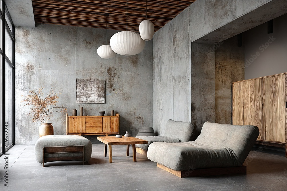 A minimalist interior design of a residential living room with grayed-out walls and a sofa and coffee table in view. Generative AI