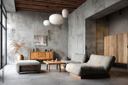 Obraz na płótnie A minimalist interior design of a residential living room with grayed-out walls and a sofa and coffee table in view. Generative AI
w salonie