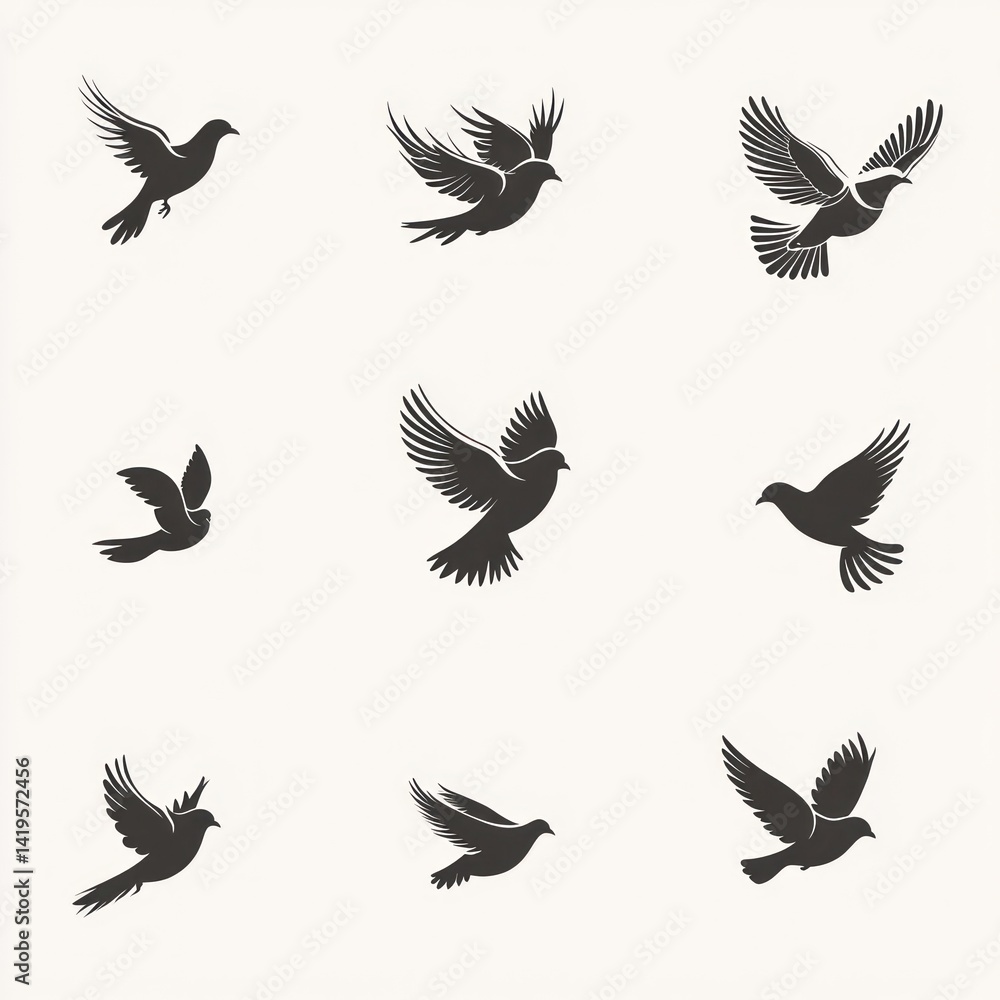 Illustrations depicting the graceful flight of various flying birds Illustrations depicting the graceful flight of various flying birds