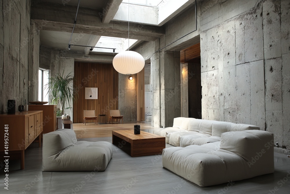 A minimalist interior design of a residential living room with grayed-out walls and a sofa and coffee table in view. Generative AI