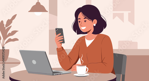 Woman Using Laptop and Phone