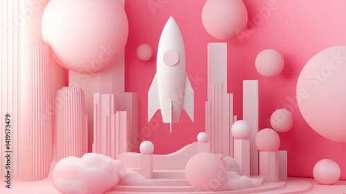 Pink futuristic cityscape backdrop for a white rocket launch.